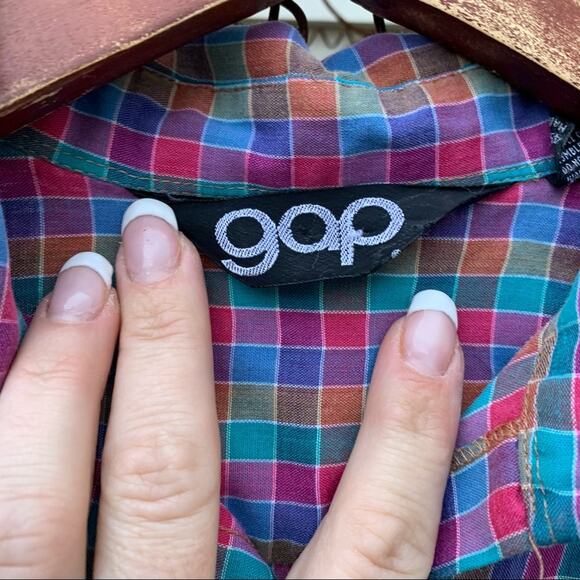 Vintage 70s Gap purple green plaid check button down short sleeve shirt MEDIUM - Picture 3 of 8